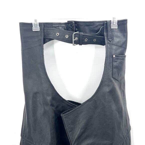 Vintage Zip & Snap Leg Black Genuine Leather Motorcycle Chaps USA Mens XXL - Picture 3 of 9